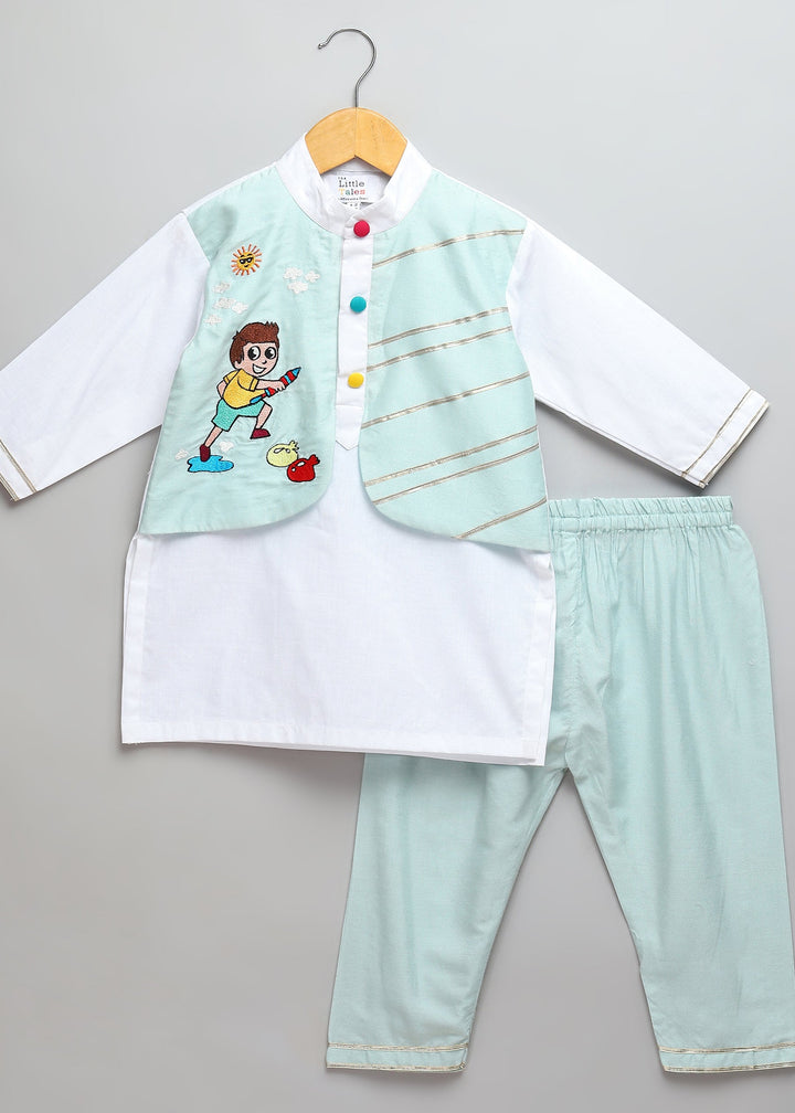 Holi Hai Bhai Embroidered Blue Kurta With Off White Pyjama Set