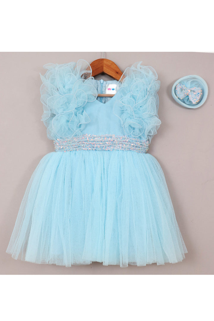 Sky Blue Ruffle Detailing Sequins Net Dress
