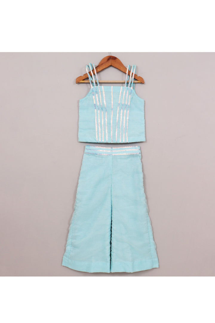 Blue Lace Detailing Cotton Silk Sleeveless Top With Palazzo Set