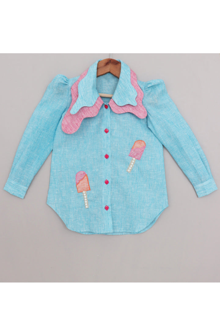 Blue Ice Cream Detailing Peter Pan Collar Dress