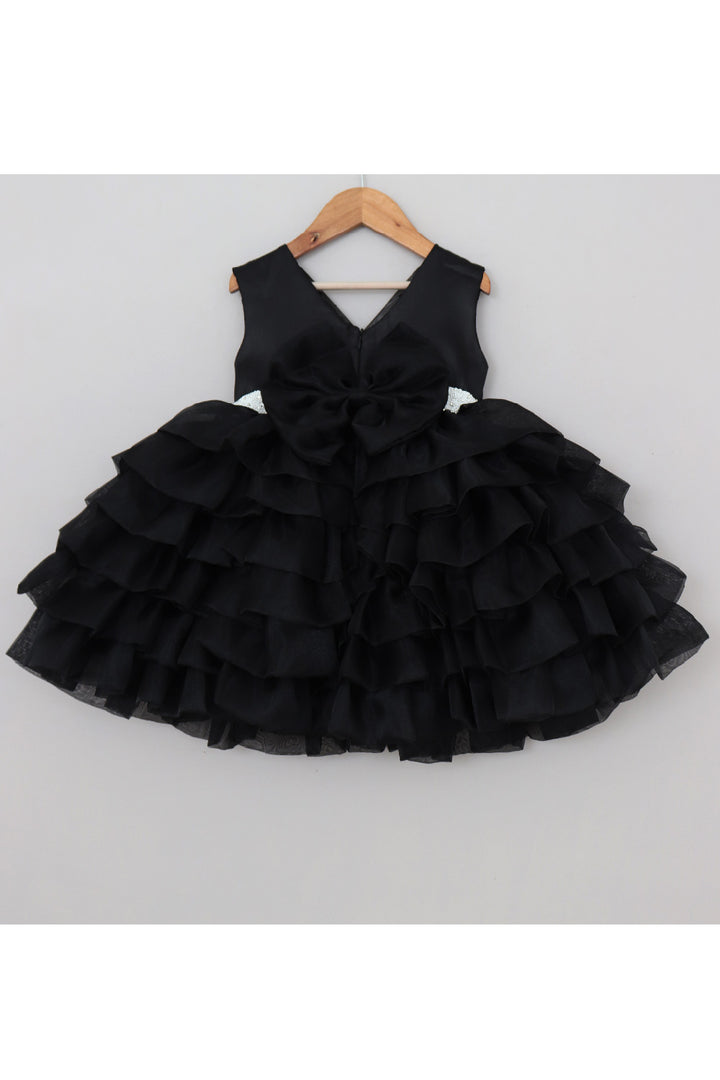 Black And White Pearl Detailing Organza Frill Dress