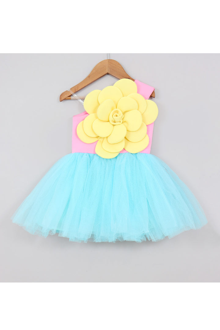 Yellow Big Flower Detailing One Shoulder Net Dress