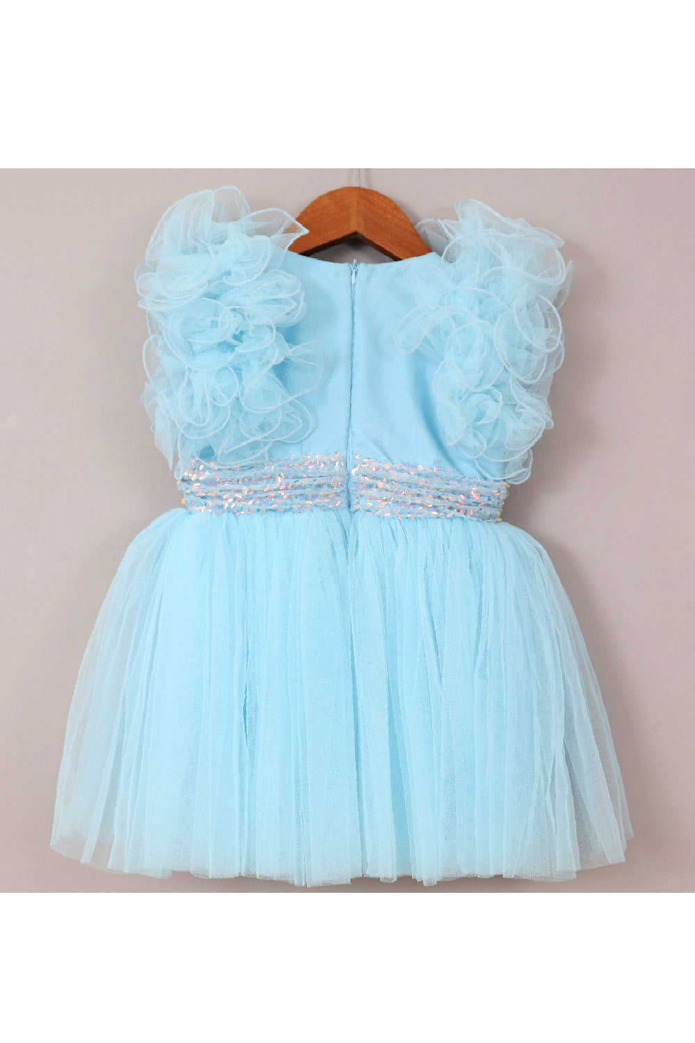 Sky Blue Ruffle Detailing Sequins Net Dress