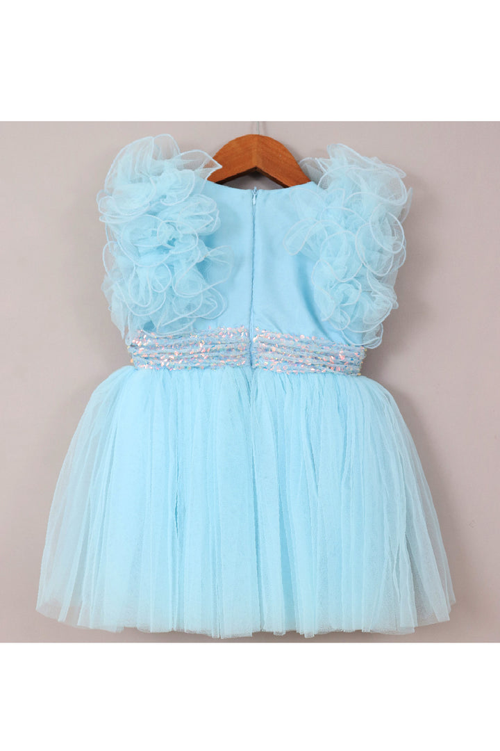 Sky Blue Ruffle Detailing Sequins Net Dress