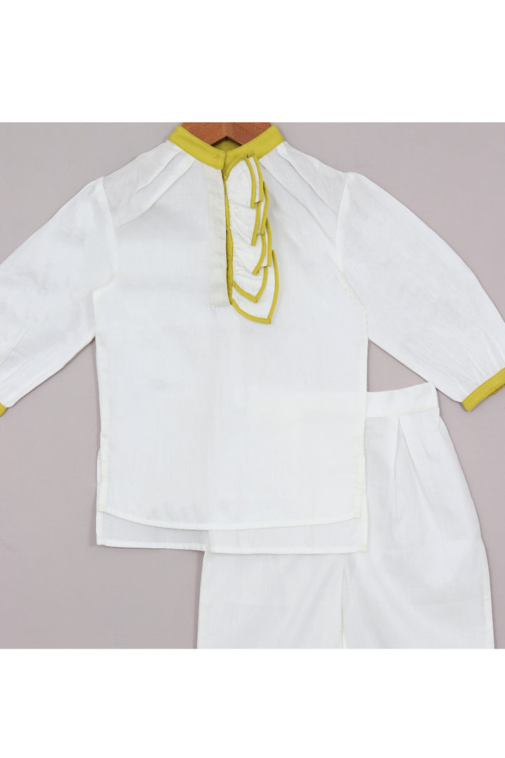 White With Lime Green Lace Detailing High Low Puff Sleeves Kurta With Pant Set