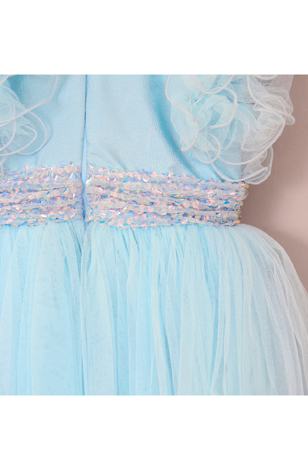 Sky Blue Ruffle Detailing Sequins Net Dress