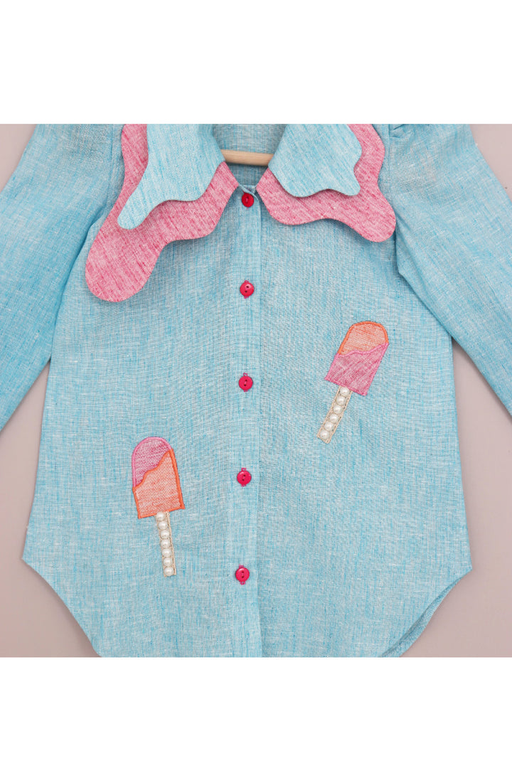 Blue Ice Cream Detailing Peter Pan Collar Dress
