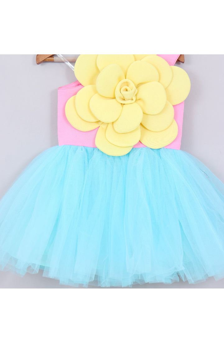 Yellow Big Flower Detailing One Shoulder Net Dress