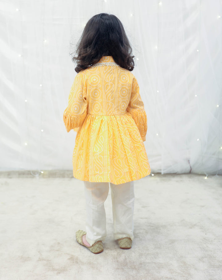 Orange Bhandhej Cotton Peplum Kurti With Pant Set