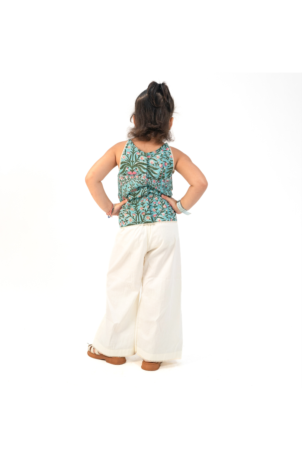 Blue Cotton Printed Top With White Palazzo Set