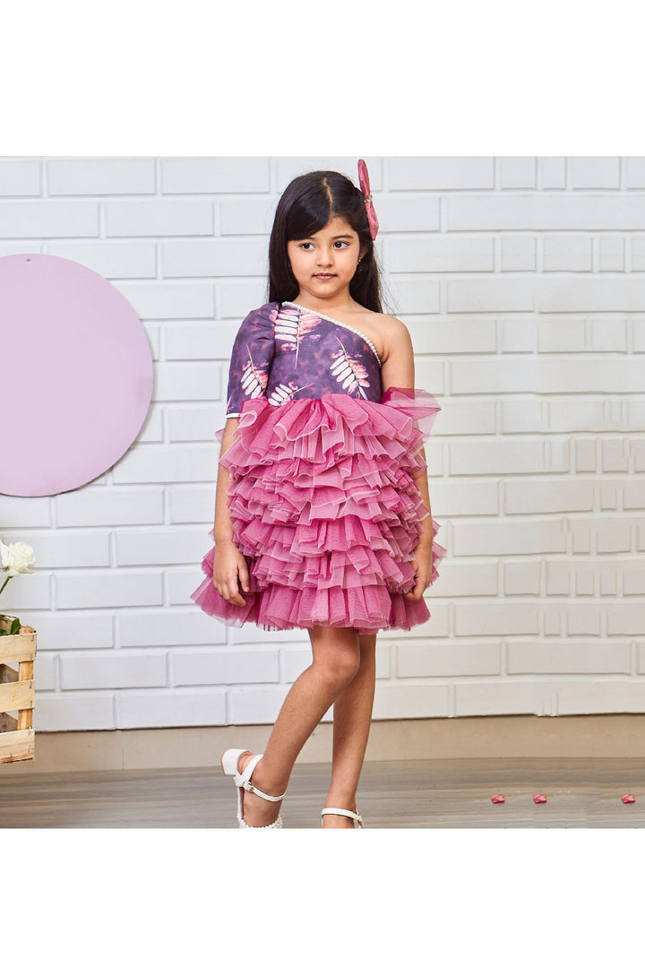 Lavender Leafy Printed Pearl Detailing One Shoulder Dress