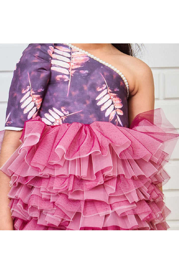 Lavender Leafy Printed Pearl Detailing One Shoulder Dress