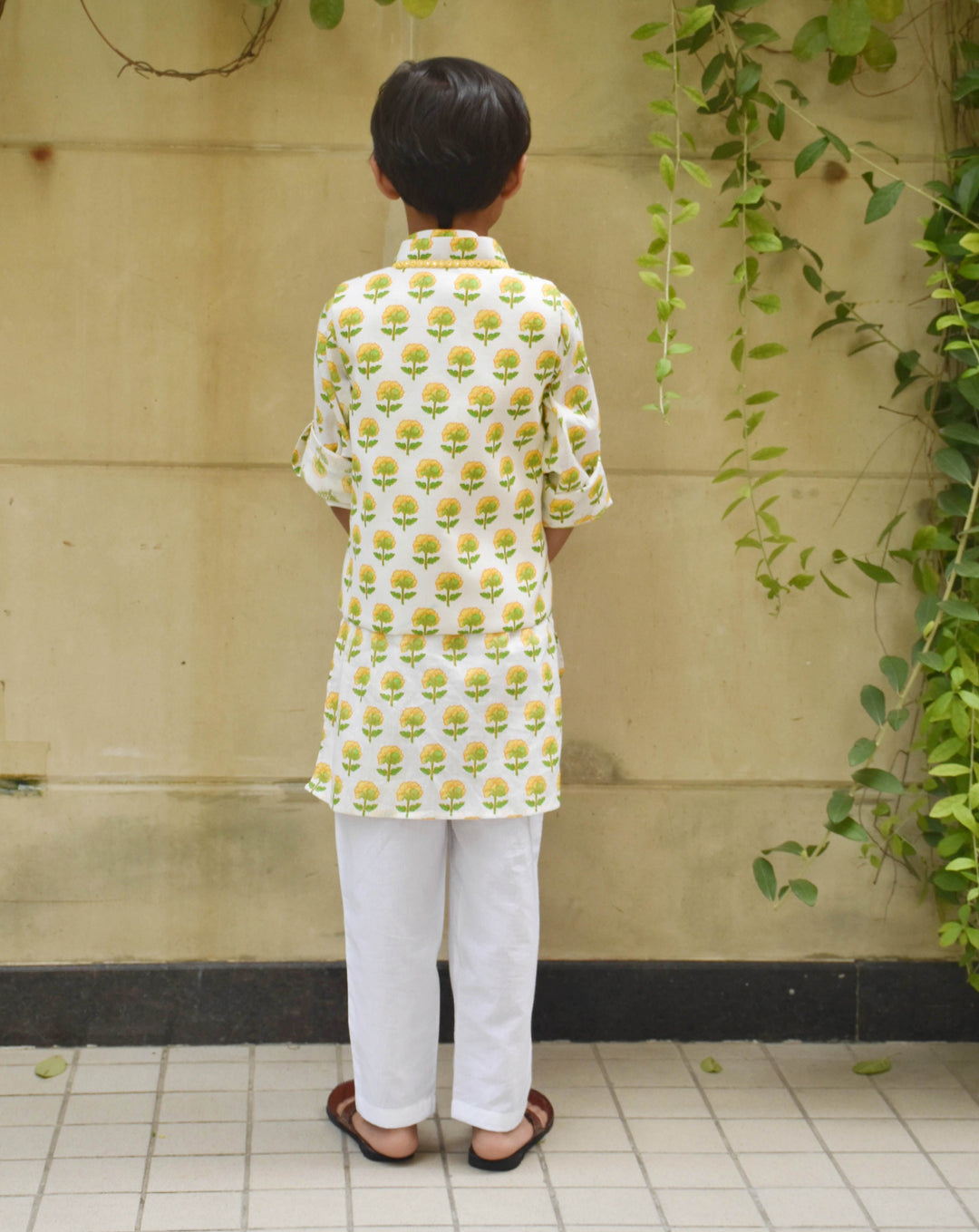 Flower Printed Nehru Jacket and Cotton Kurta with Pant Set