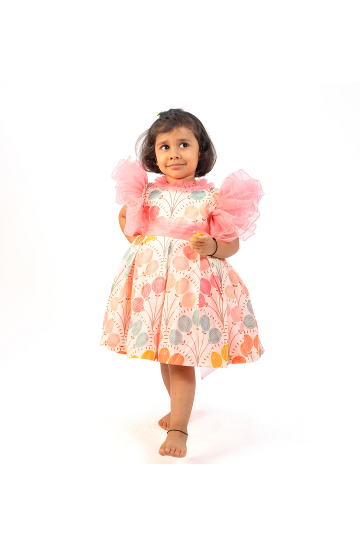 Pink Crepe Enchanting Halter Puff Sleeves Frock