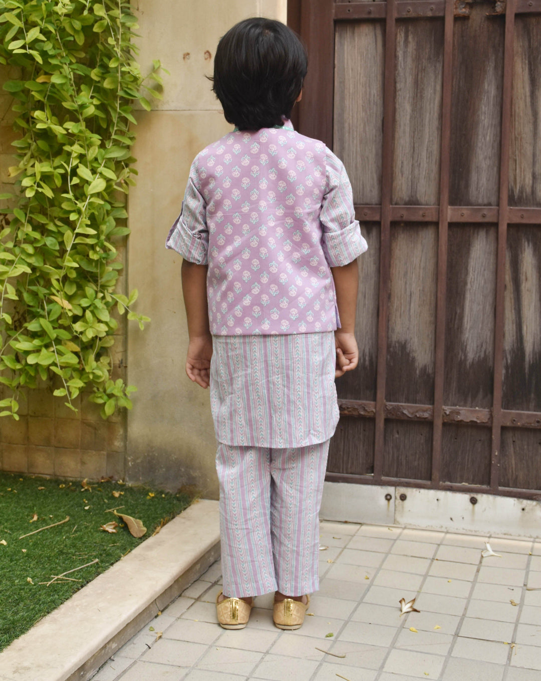 Lilac Cotton Printed Nehru Jacket with Kurta and Pant Set