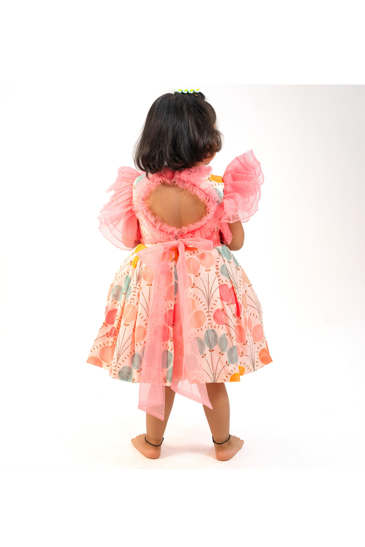 Pink Crepe Enchanting Halter Puff Sleeves Frock