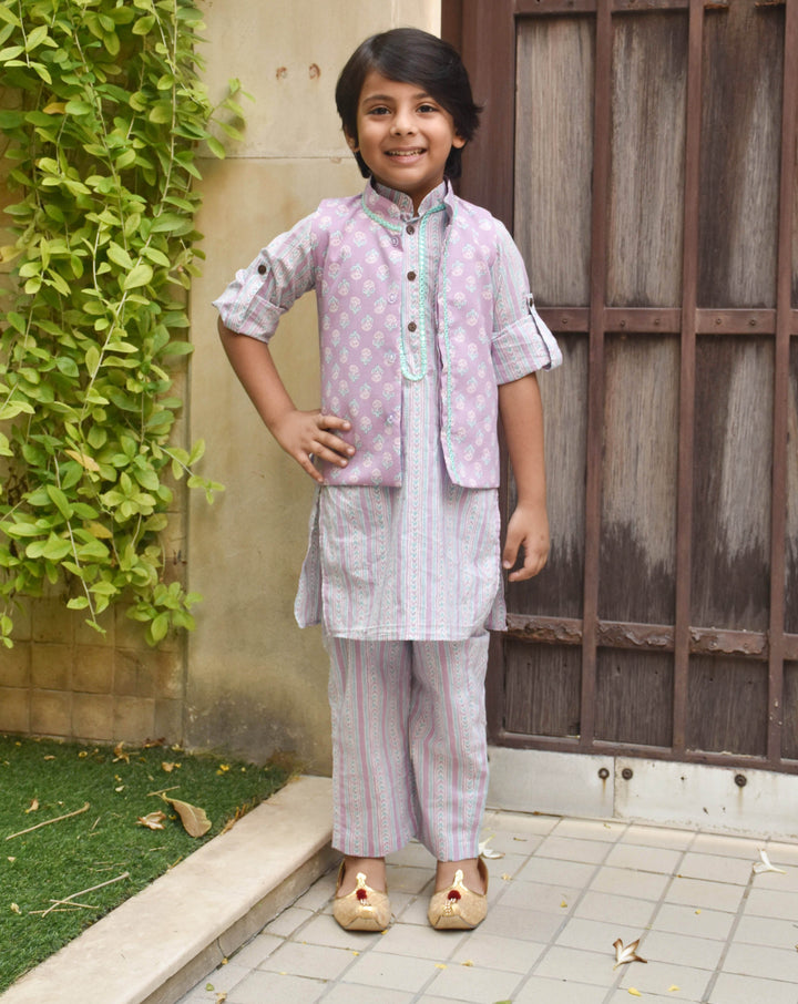 Lilac Cotton Printed Nehru Jacket with Kurta and Pant Set