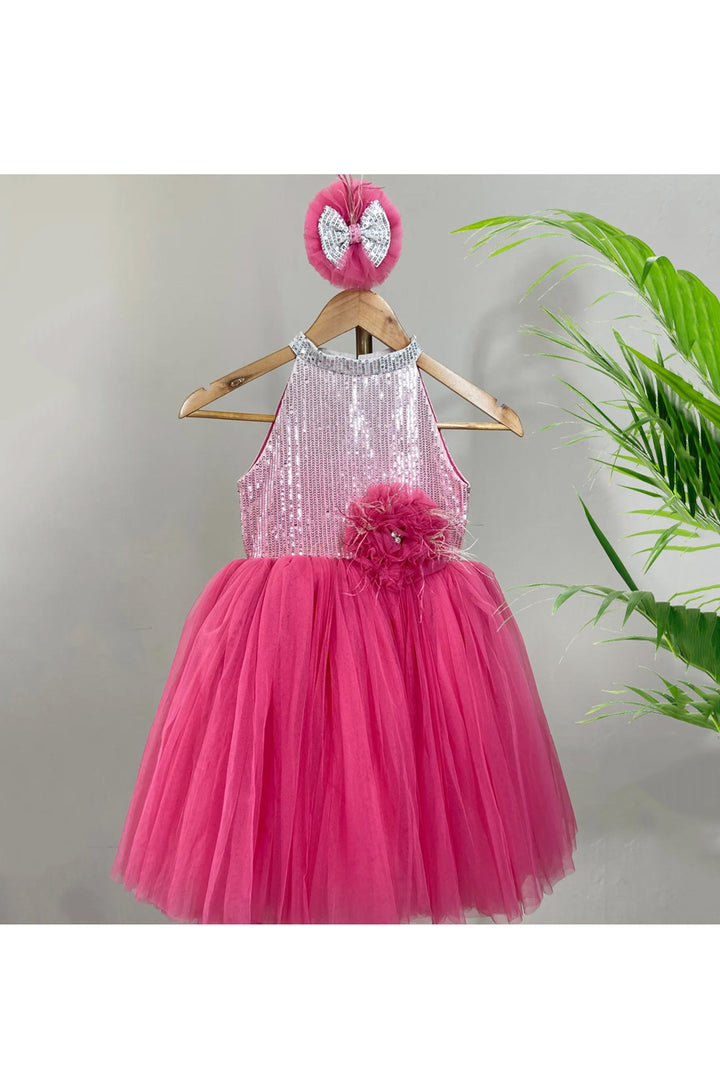 Pink 3d Flower And Sequins Embellished Halter Neck Dress