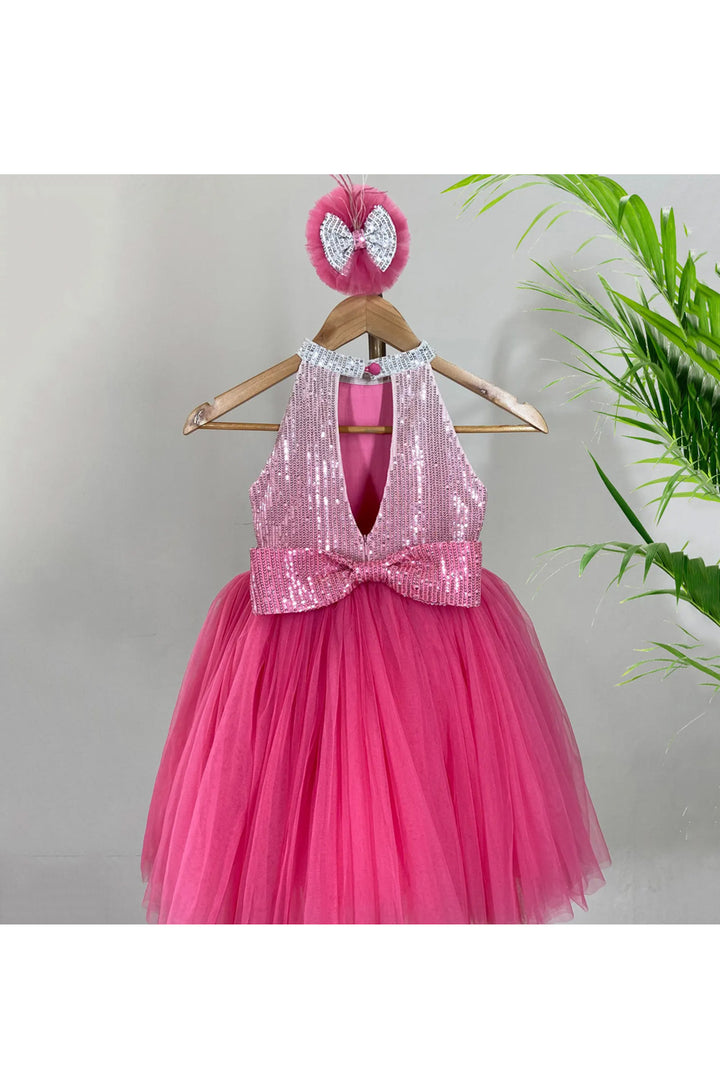 Pink 3d Flower And Sequins Embellished Halter Neck Dress