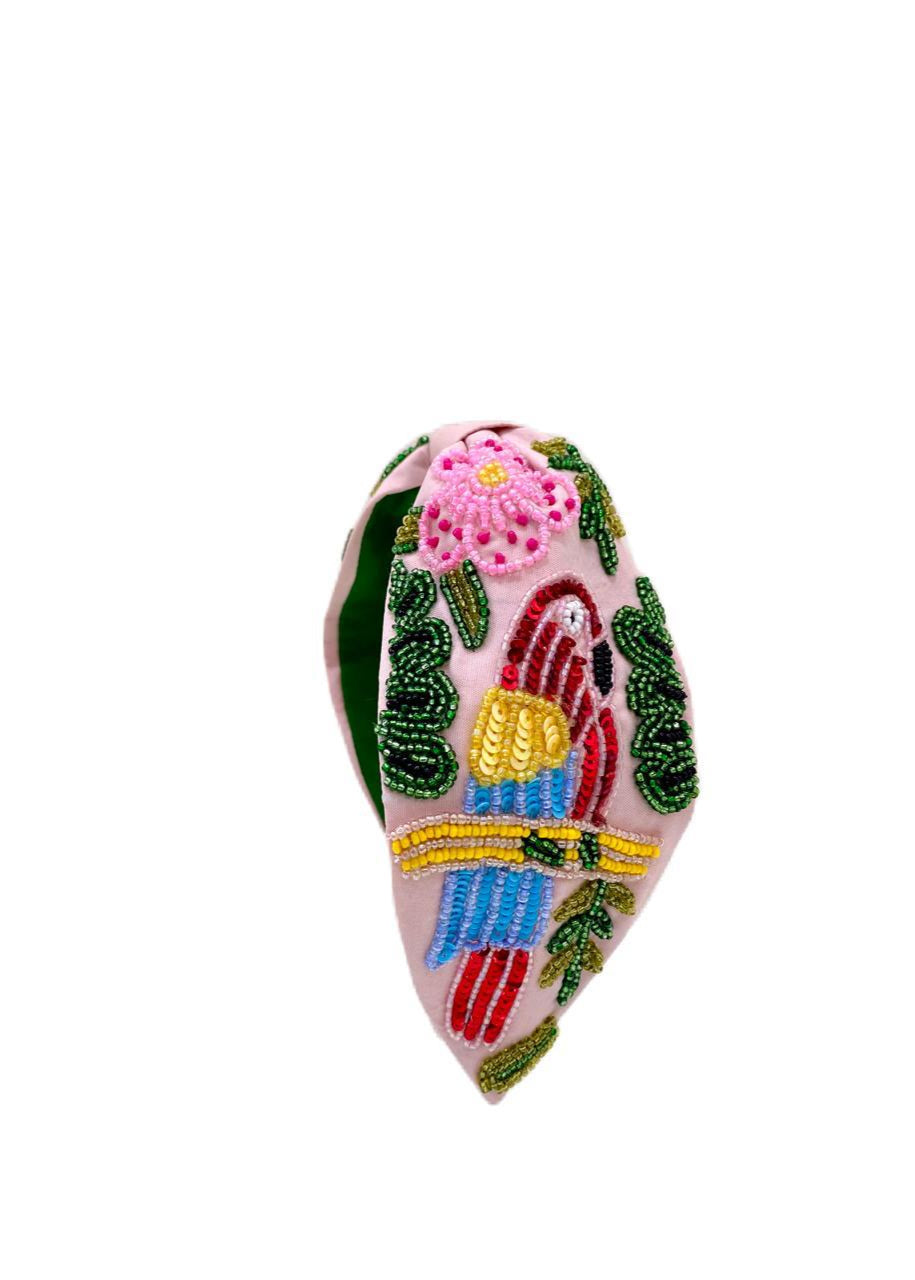 Pink Parrot Handmade Embroidered Hairband