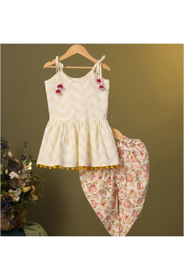 Beige Floral Printed With Hand Embroidery Cotton Kurta With Dhoti Set