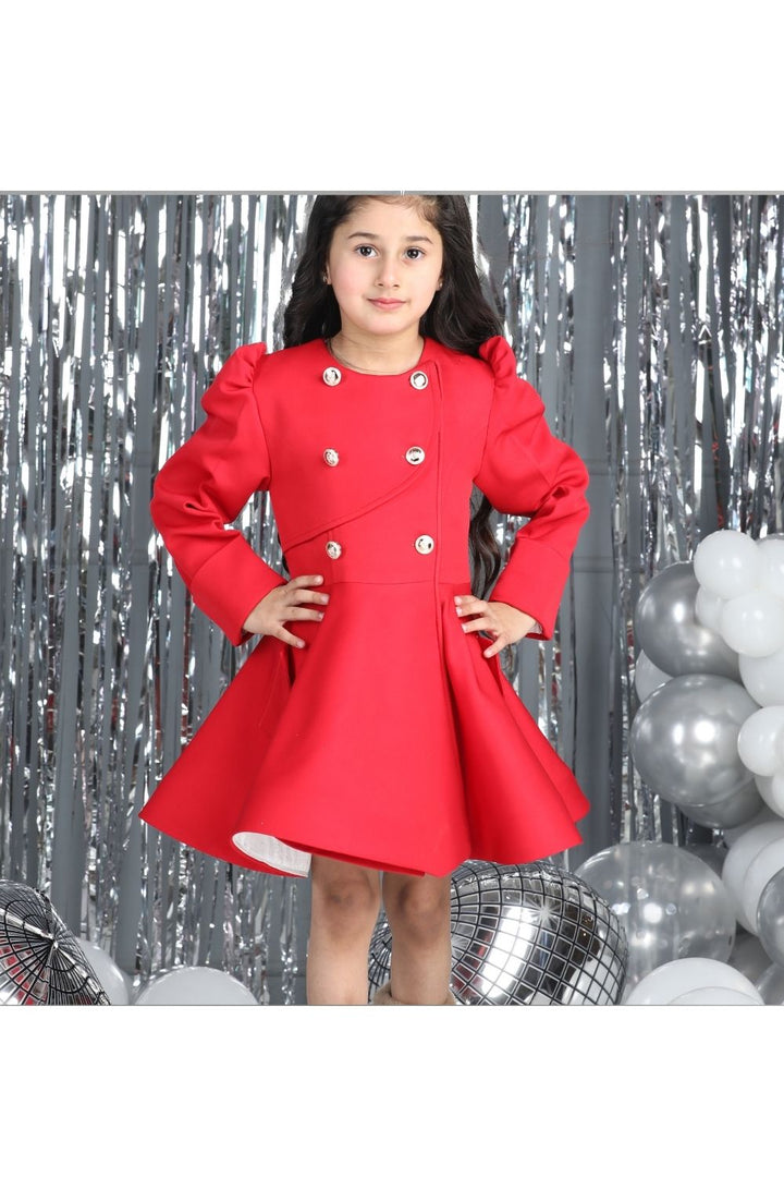 Red Imported crepe A Line Coat Puff Sleeves Dress