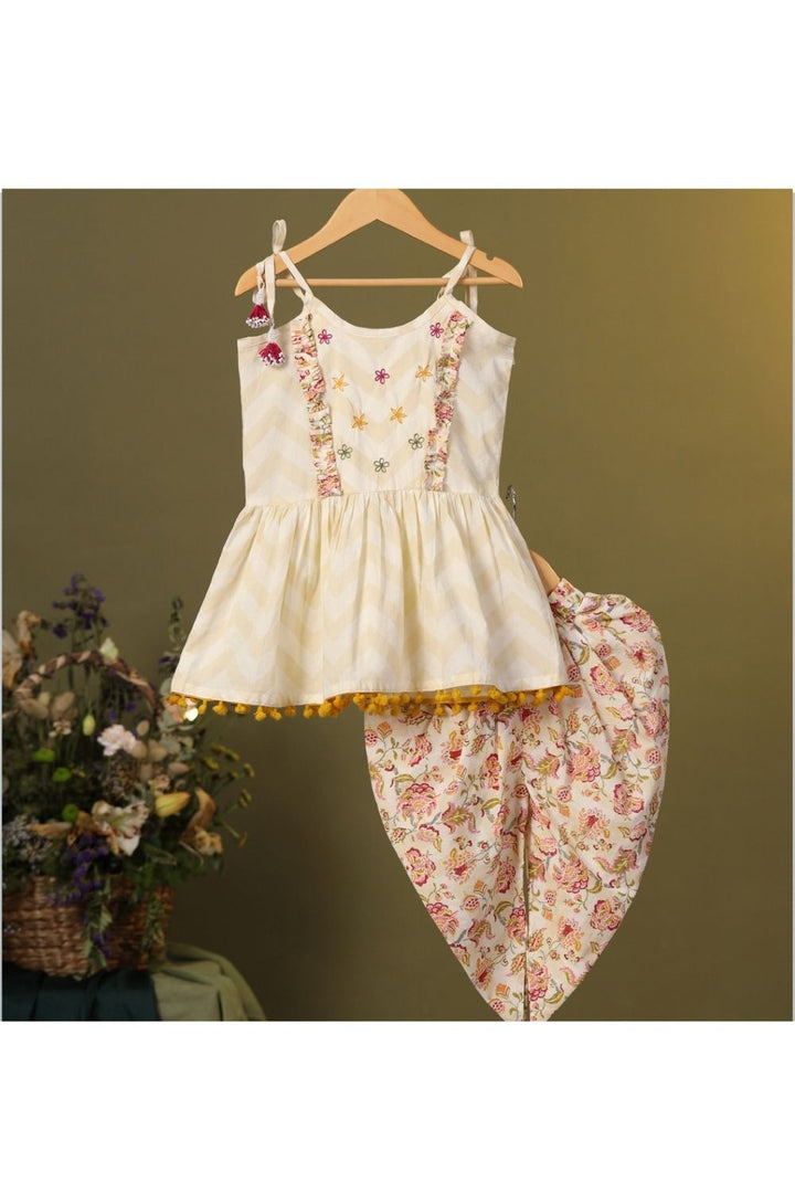 Beige Floral Printed With Hand Embroidery Cotton Kurta With Dhoti Set