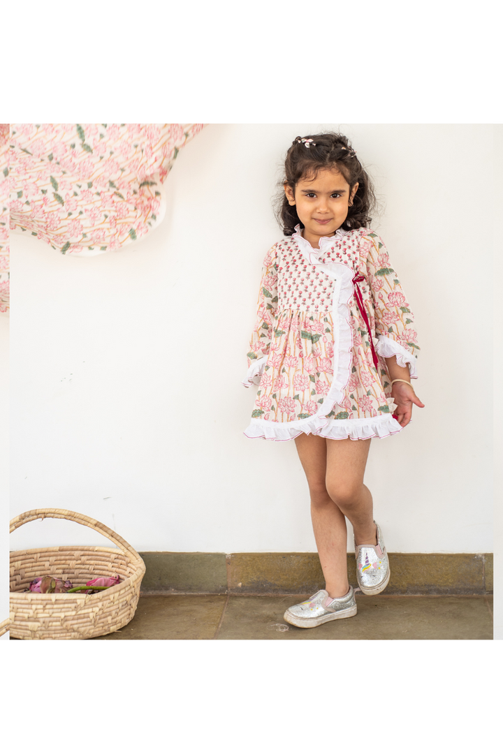 White And Pink Lotus Handblock Printed Cotton Angrakha Dress