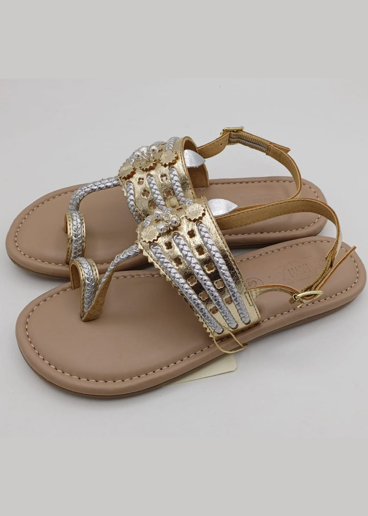 Silver And Gold Beige Detailing Kolhapuri Sandal