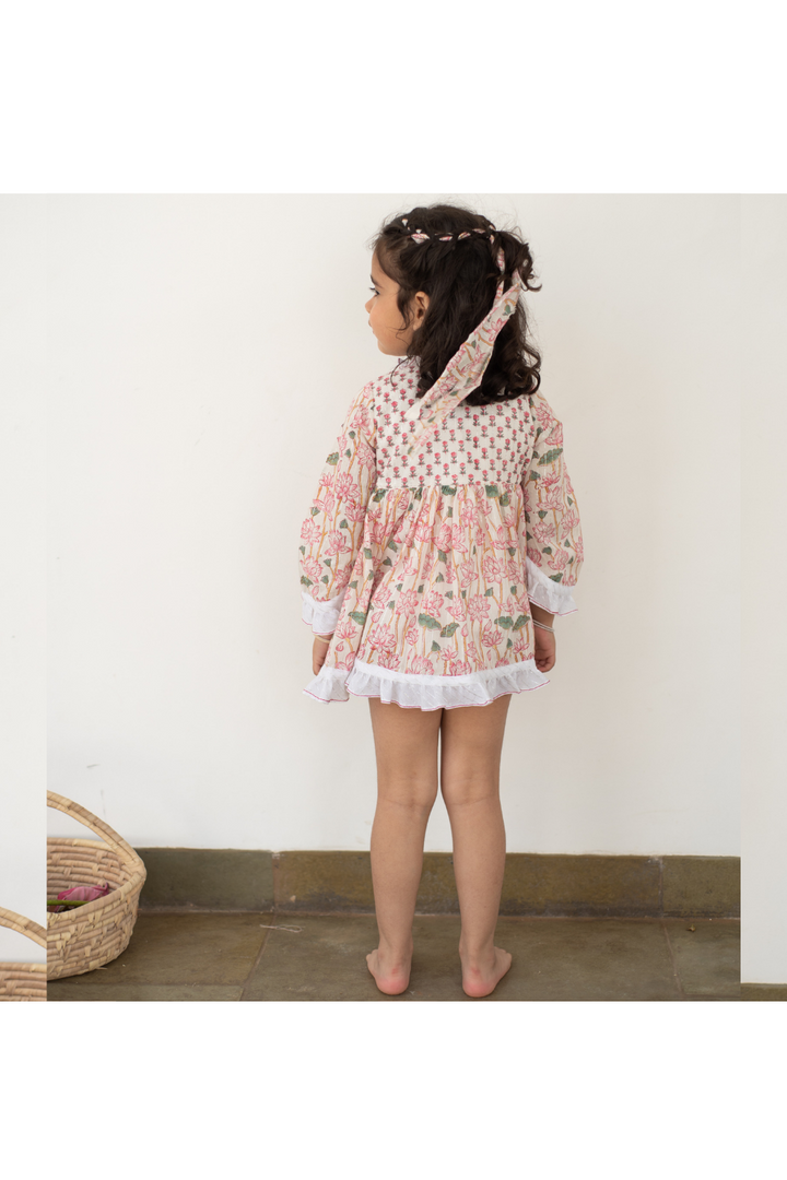 White And Pink Lotus Handblock Printed Cotton Angrakha Dress