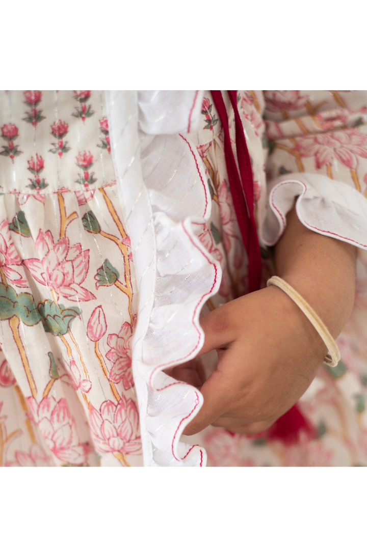 White And Pink Lotus Handblock Printed Cotton Angrakha Dress