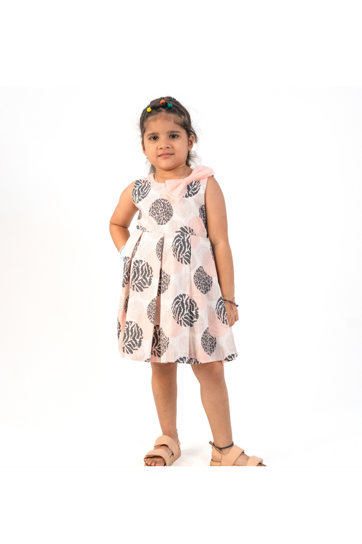 Peach Cotton Lycra Flower Printed Sleevless Frock