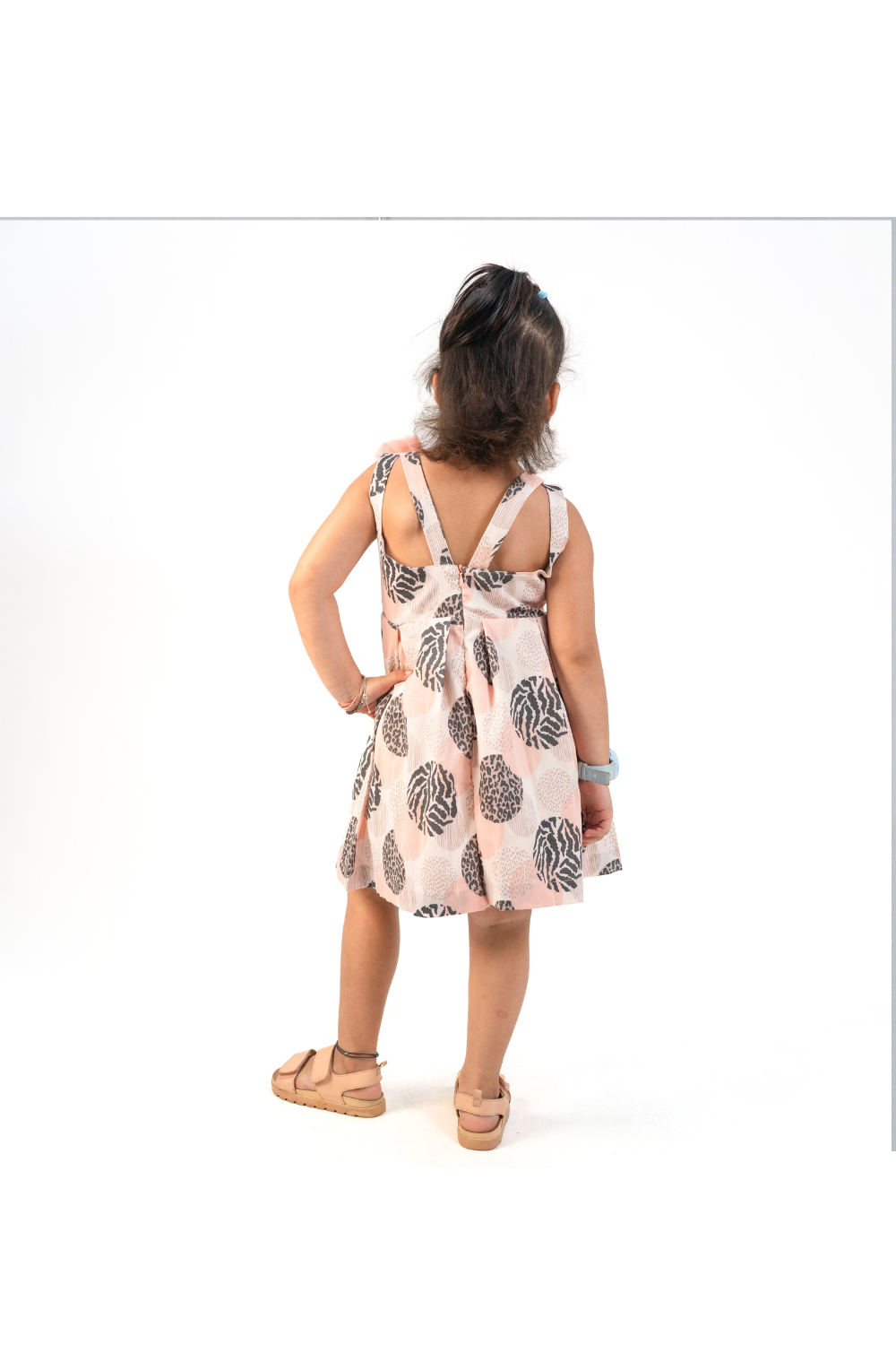 Peach Cotton Lycra Flower Printed Sleevless Frock