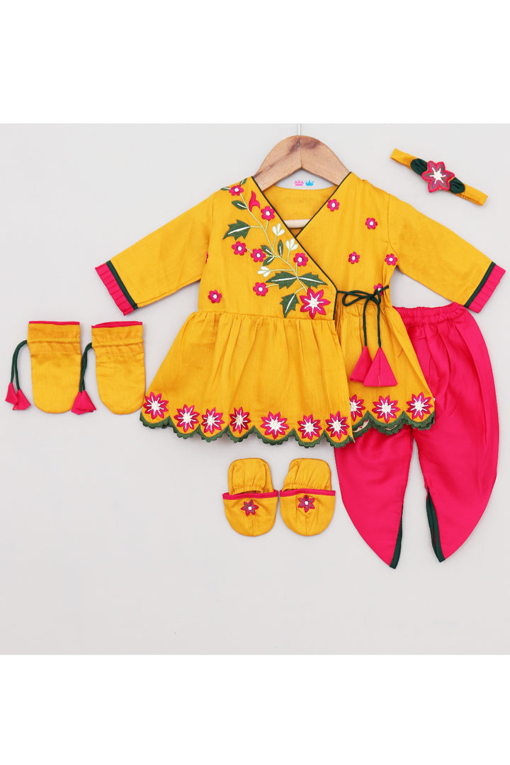 Yellow Floral Embroidered Peplum Cotton Top With Dhoti