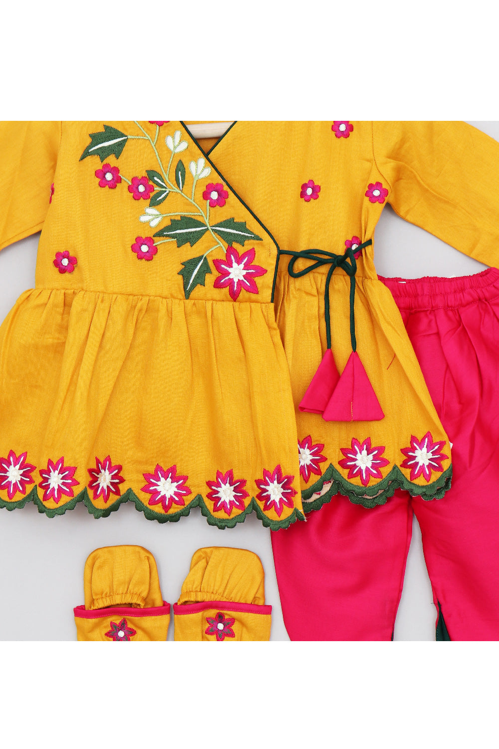 Yellow Floral Embroidered Peplum Cotton Top With Dhoti