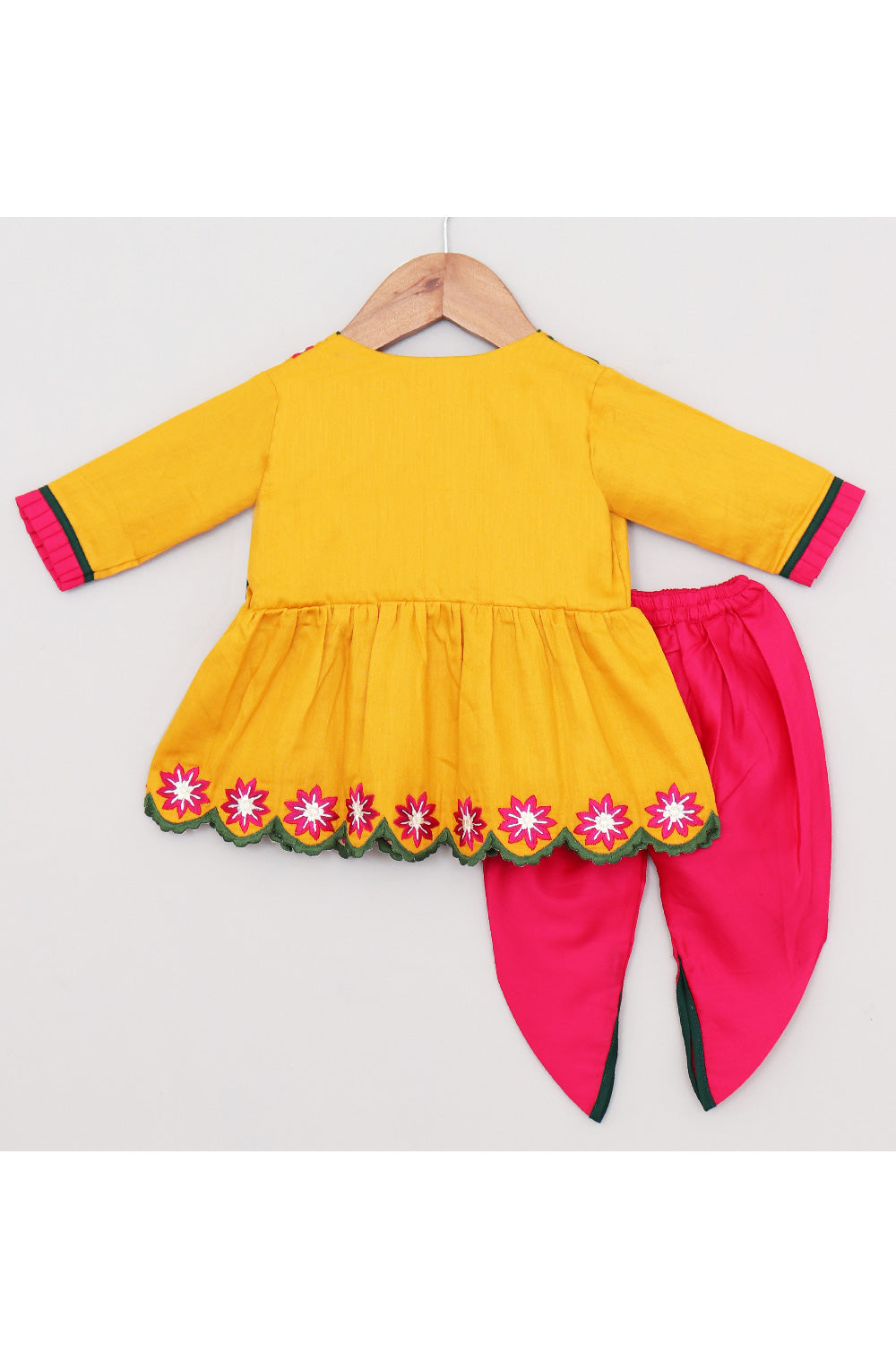 Yellow Floral Embroidered Peplum Cotton Top With Dhoti