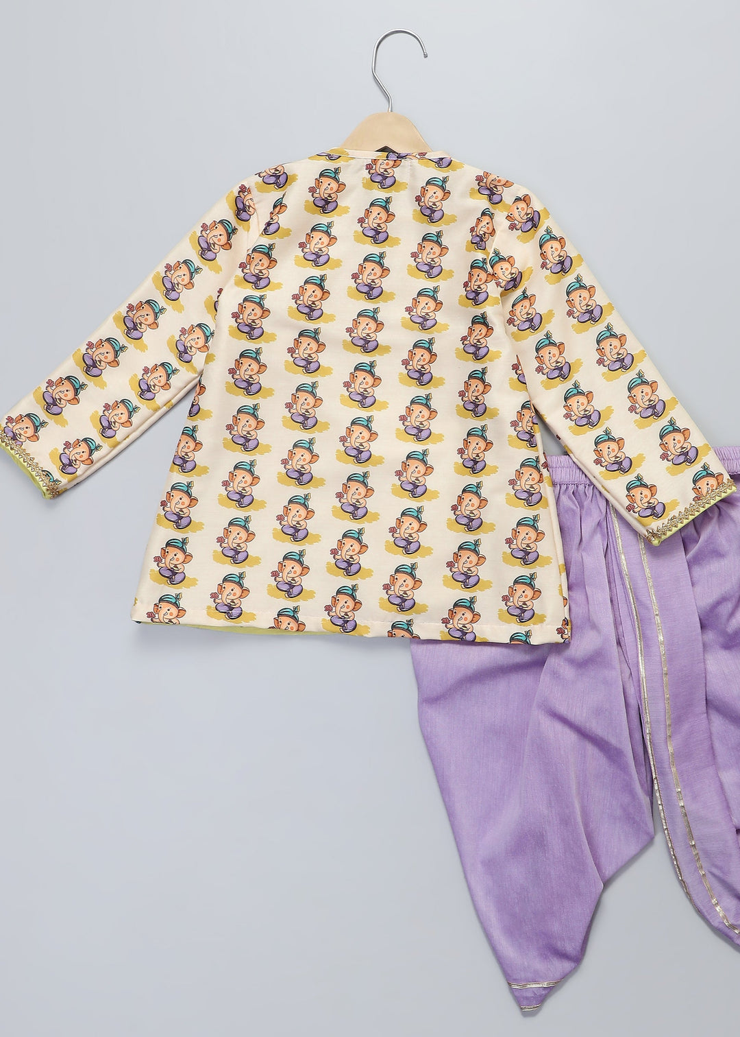 Off White Ganpati Printed Kurta With Yellow Dhoti Set