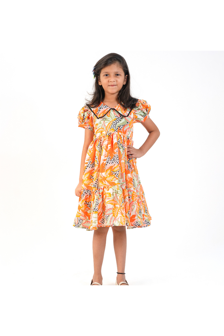 Orange Crepe Puff Sleeves Flowerish Frock