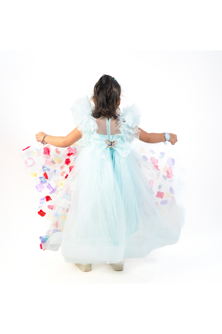 Blue Net Printed Butterfly Flower Beautified Frilled Frock