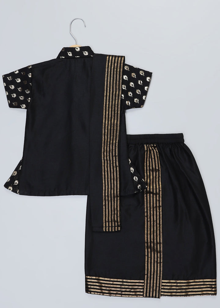 Black Cotton Silk Shirt Lungi With Patka Set