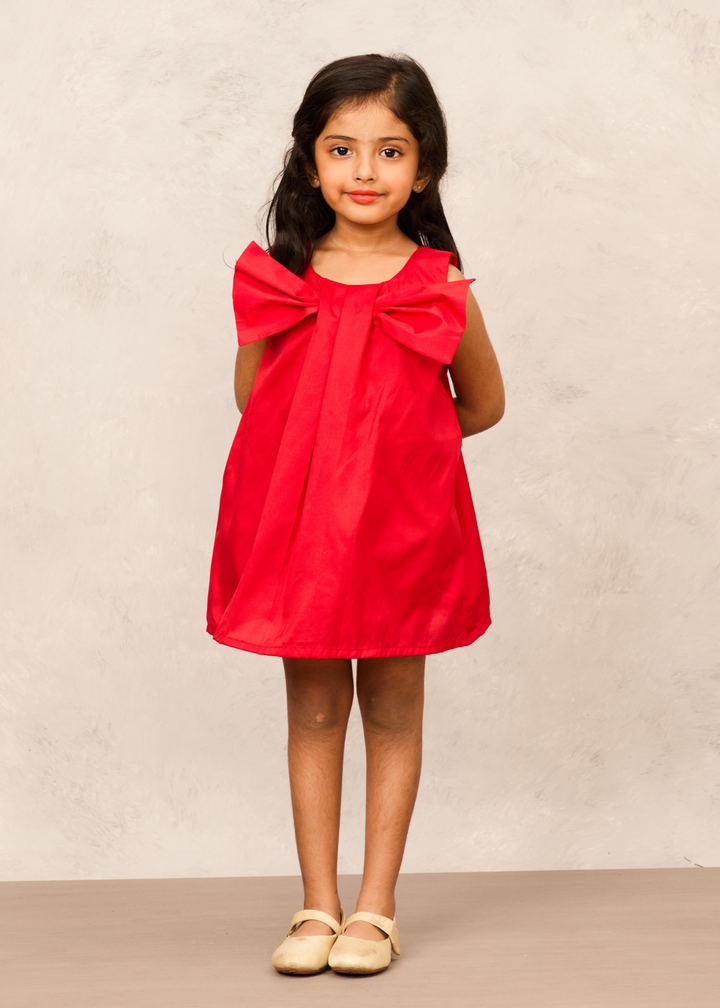 Red Taffeta With Box Pleats & Bow Party Dress