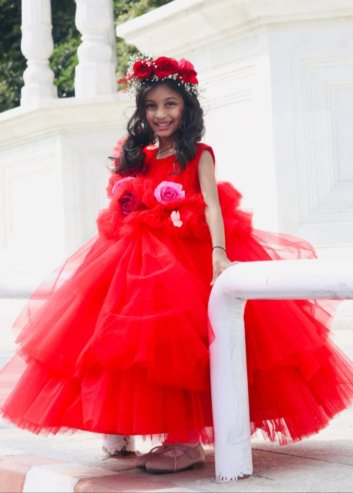 Red Butterfly Net Satin Bow With Ruffle Frill Gown