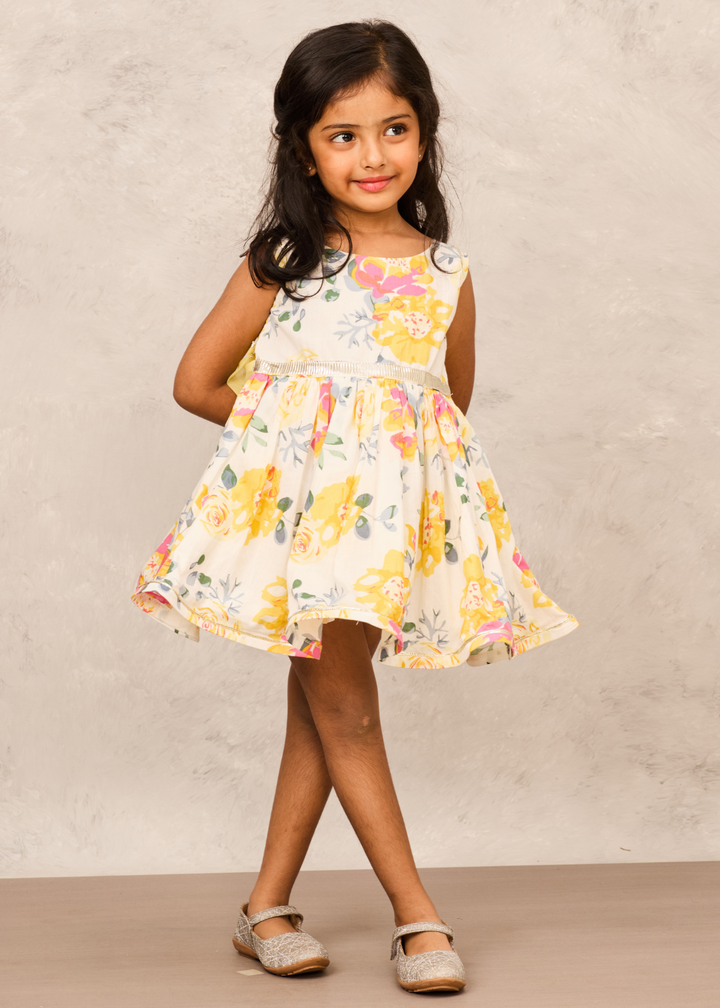 Yellow Cotton Gota Lace Detailing Sleeveless Dress