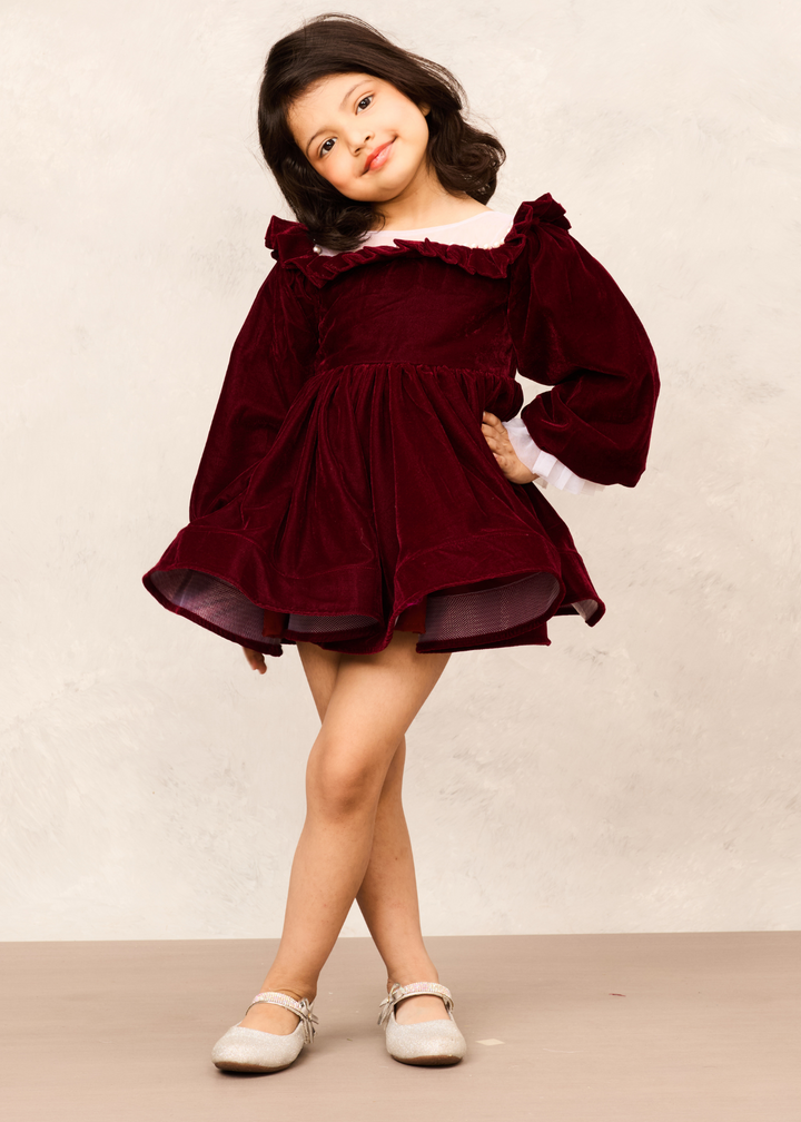 Maroon Velvet Long Full Sleeves Cocktail Dress
