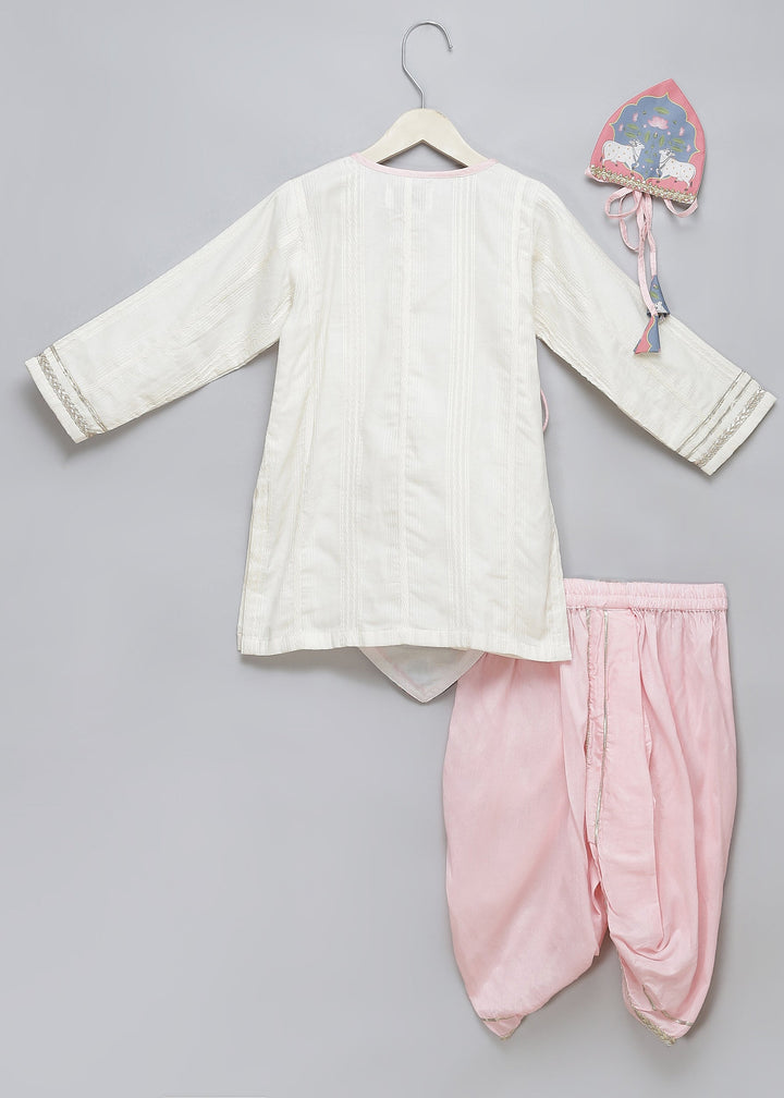 Pink Cow Printed Off White Kurta With Pyjama Set