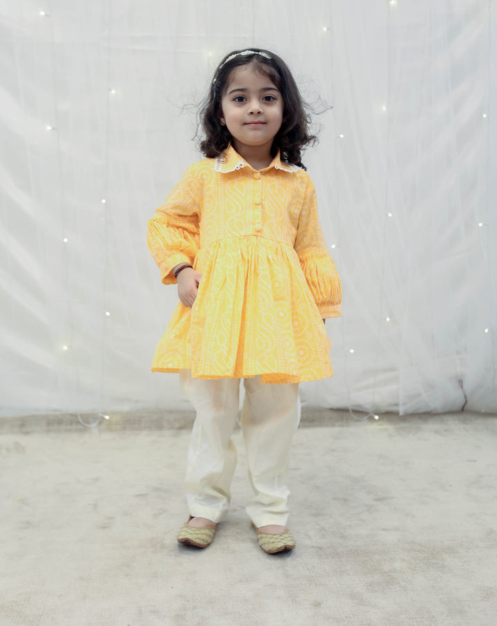 Orange Bhandhej Cotton Peplum Kurti With Pant Set