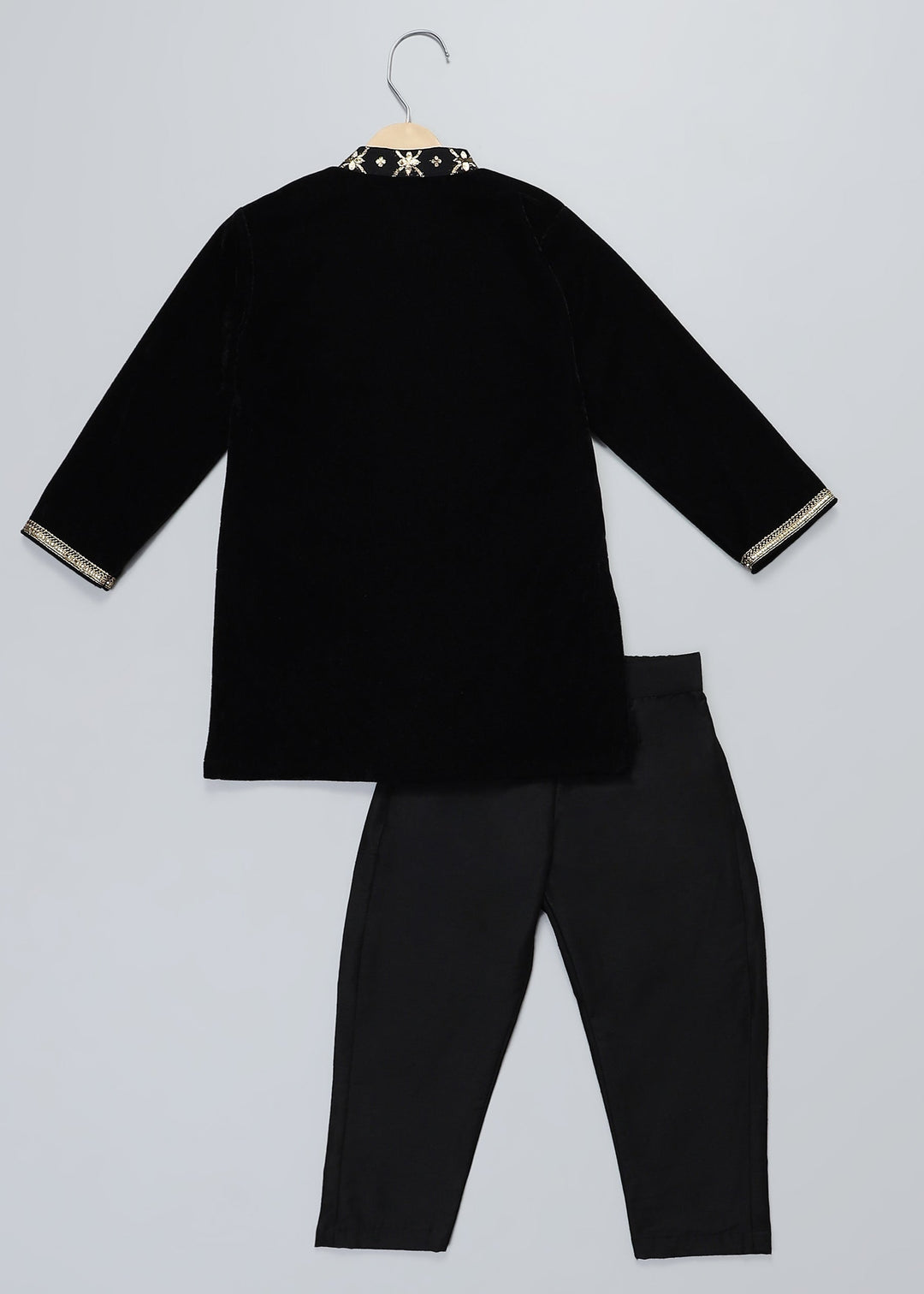 Black Velvet Kurta Pyjama With Chanderi Panel Set