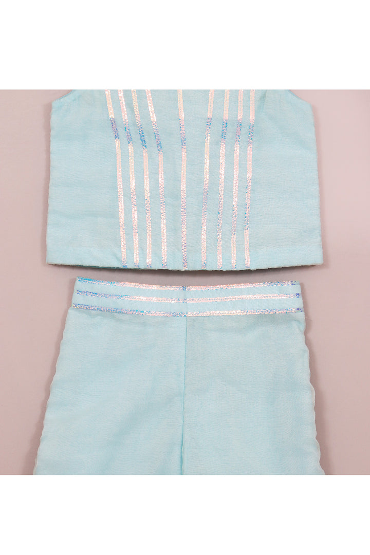 Blue Lace Detailing Cotton Silk Sleeveless Top With Palazzo Set