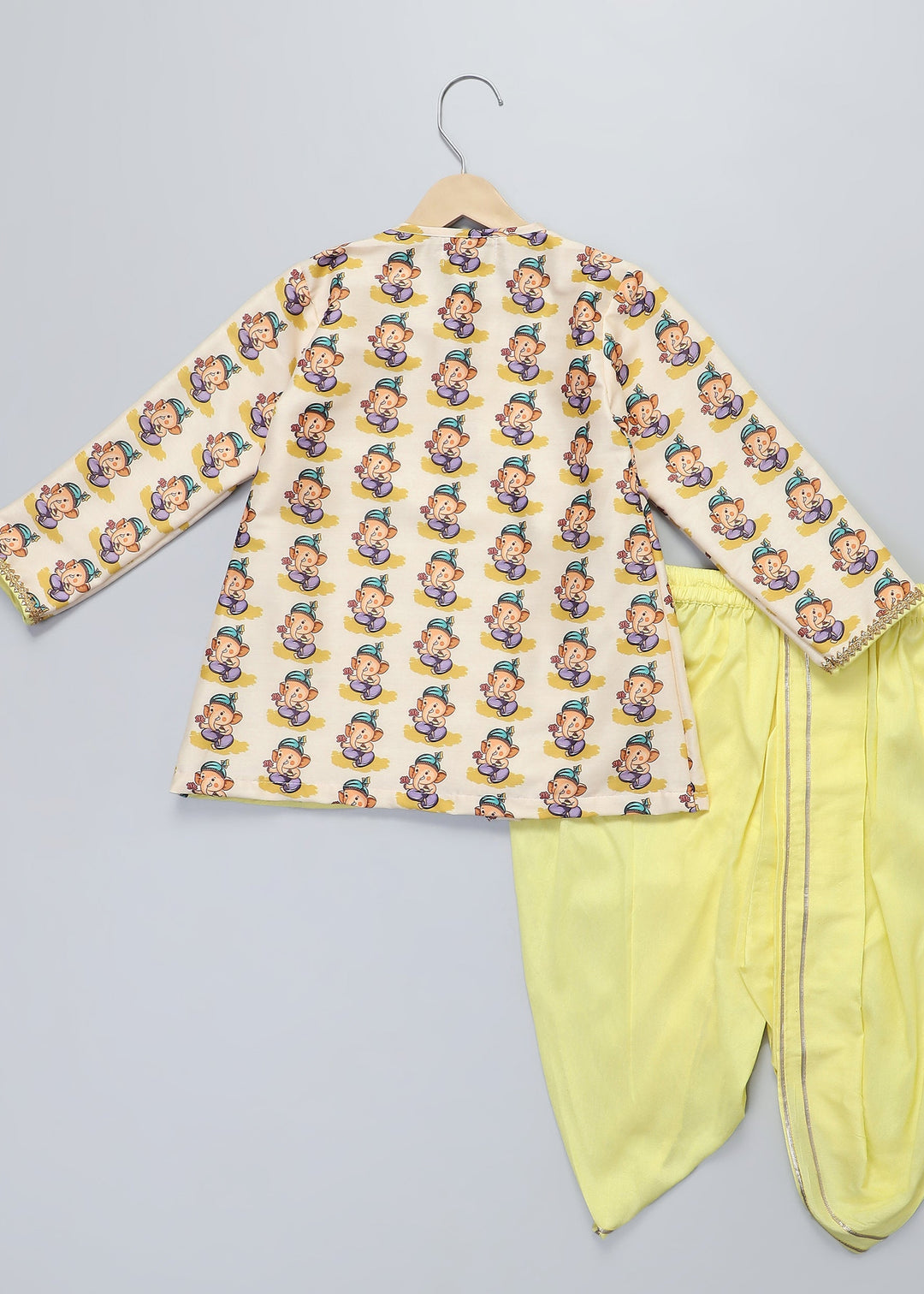 Off White Ganpati Printed Kurta With Yellow Dhoti Set