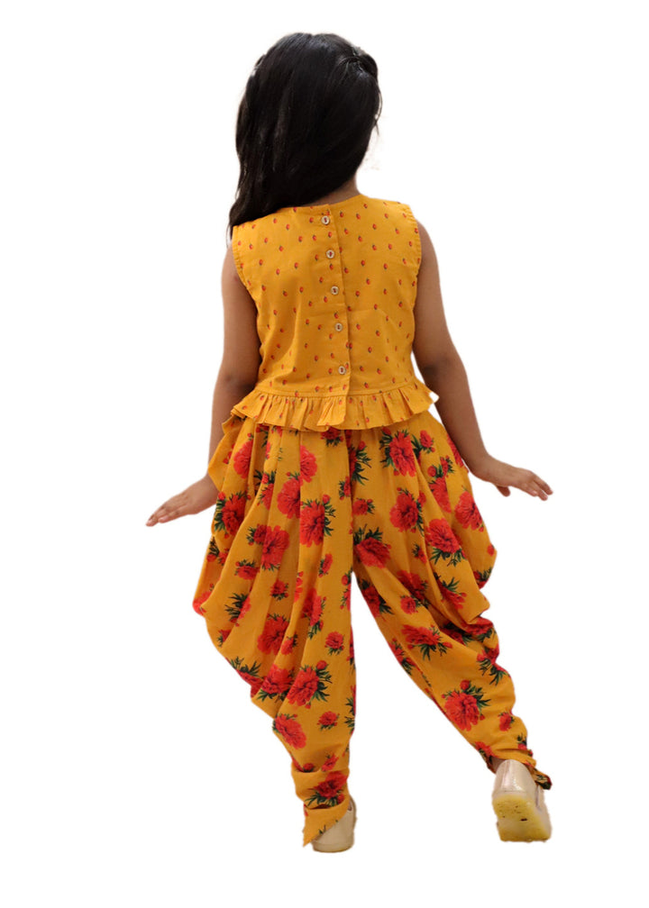 Genda Phool Mustard Floral Printed Crop Top With Dhoti Set